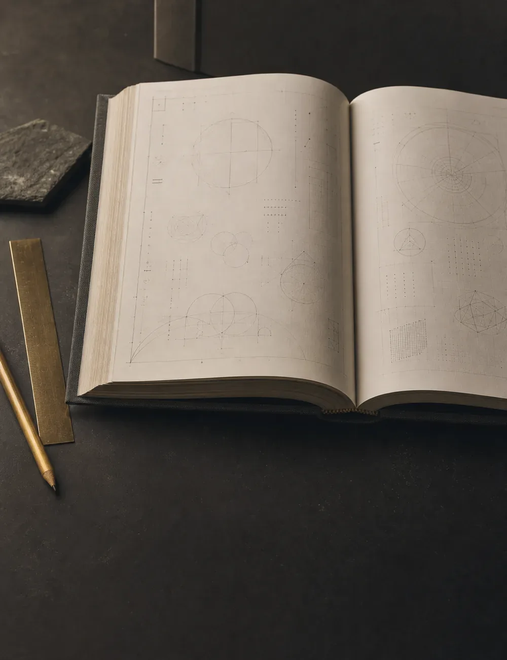 An open design notebook with a ruler and pencil