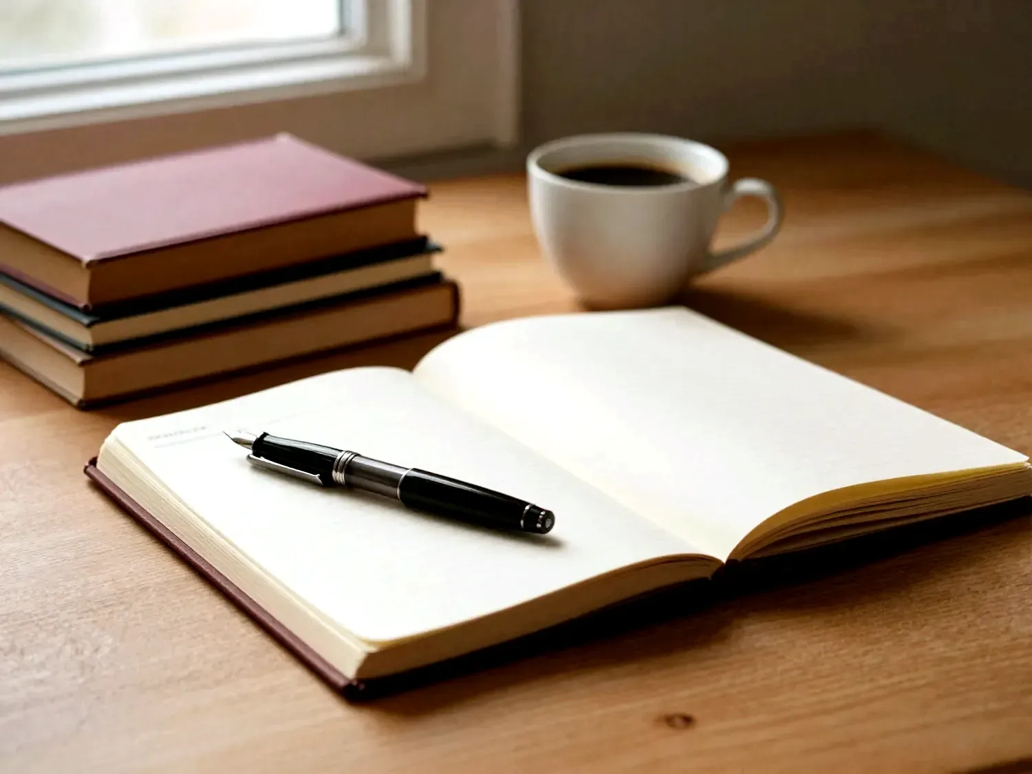An open notebook and pen on a desk