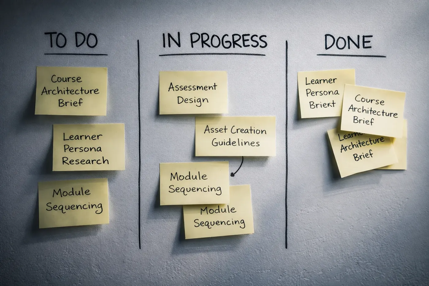 A to-do, in-progress, done board of course-design tasks